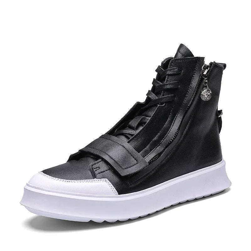 Man wearing black PU leather high-top sneaker style winter ankle boots.
