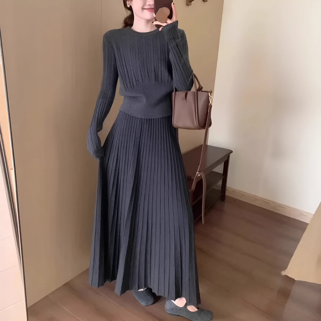 Dark grey knitted dress suit with 3D collage stitching pattern, two-piece set with ethnic style design