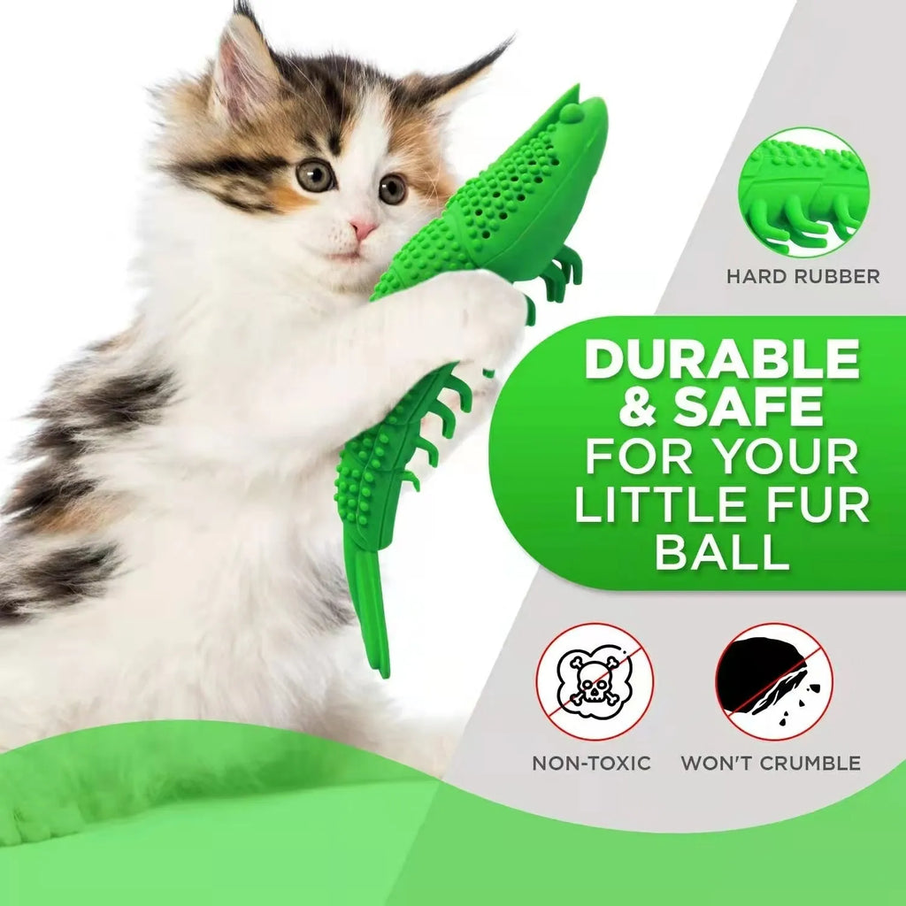 Blue cat tooth cleaning toy with 360-degree design and hard rubber construction