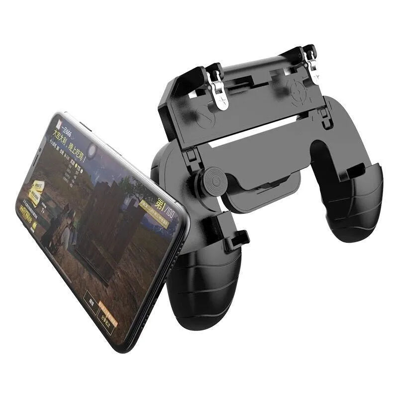 Multifunctional mobile game handle controller in black, blue, and white colours with adjustable grip