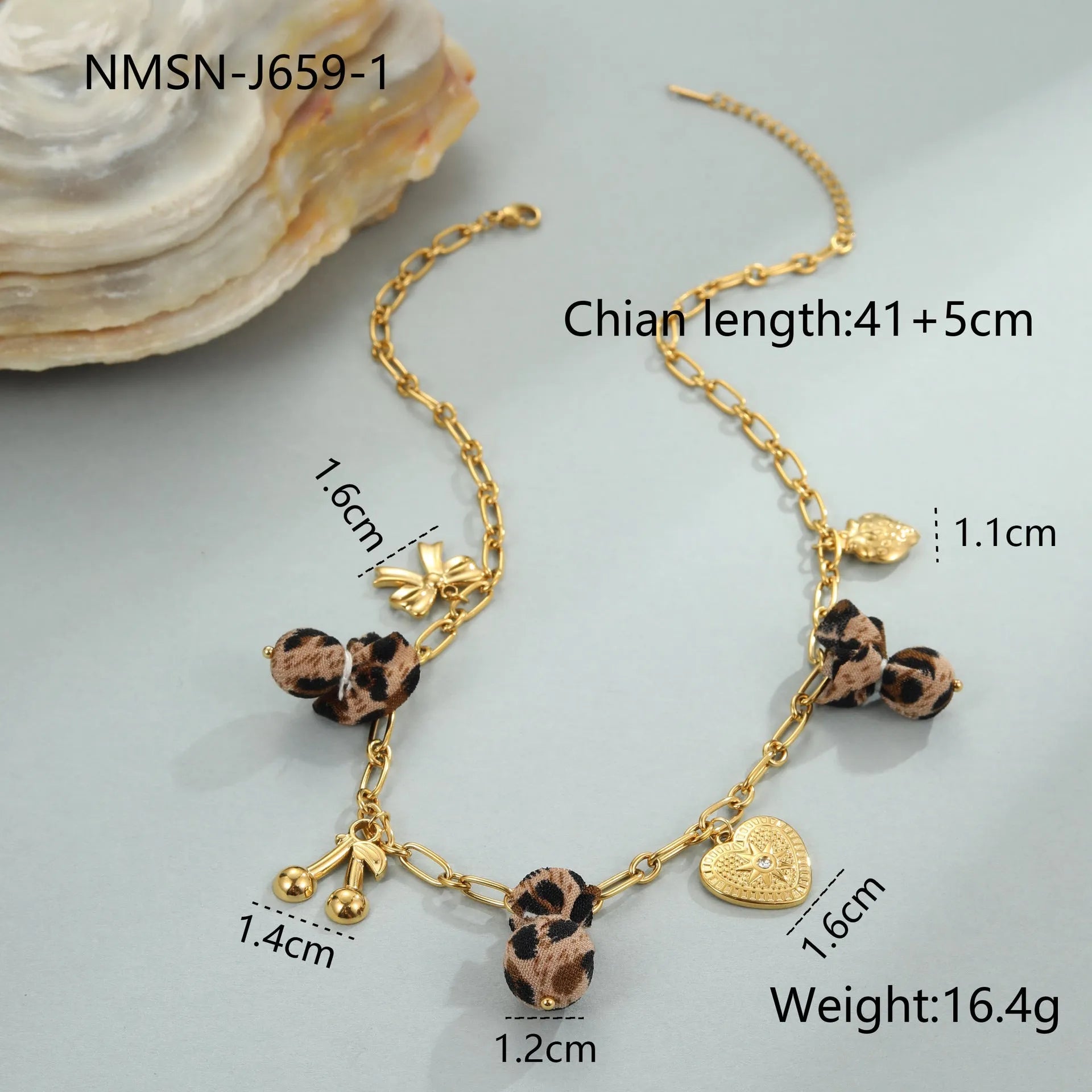 Stainless steel necklace with leopard, heart and flower pendant on adjustable 41-50cm chain