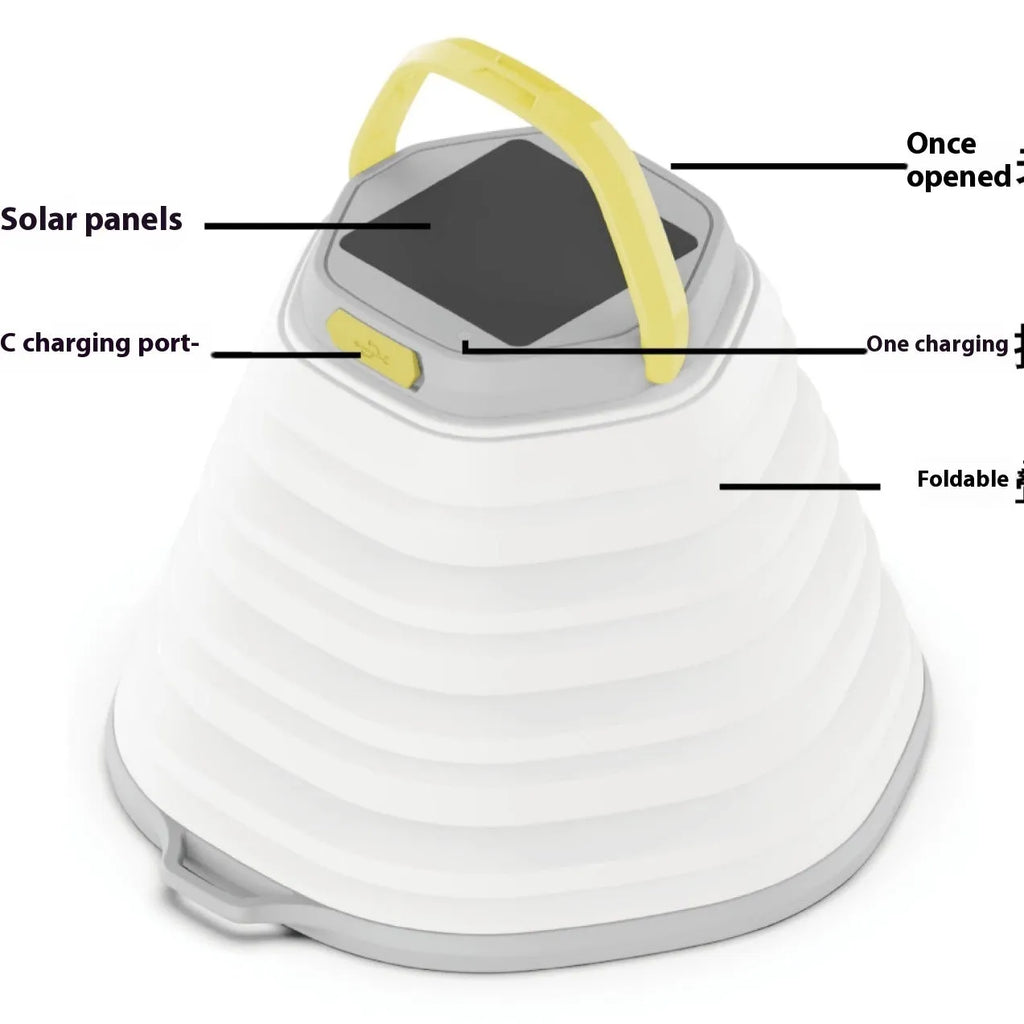 White portable camping lamp with a single-key switch, shown for tent and outdoor lighting.