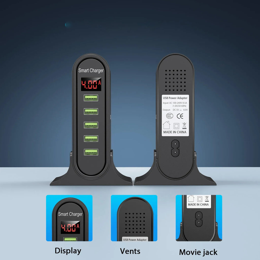 Smart LED digital display USB charger with black or white casing showing EU, UK and US plug options