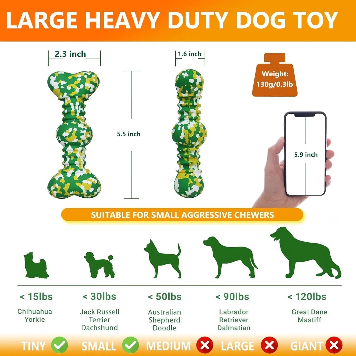 Green, white, and yellow camouflage pattern natural rubber bone chew toy for large breed dogs on a plain background.