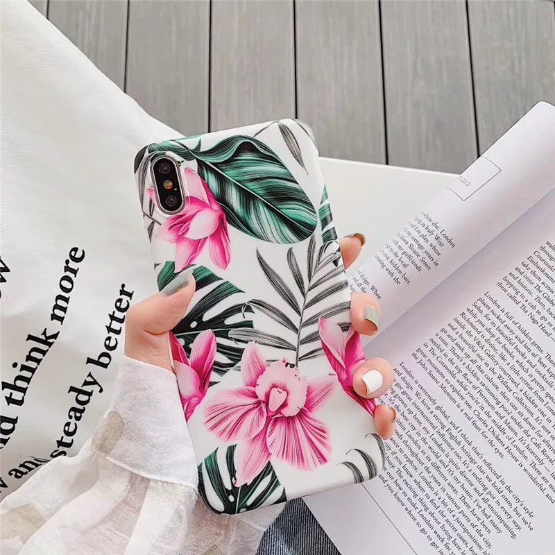 Pink flower patterned iPhone case with floral back cover design on TPU material