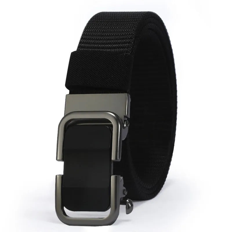 Men's nylon canvas belt with a silver toothless alloy buckle on a grey strap.