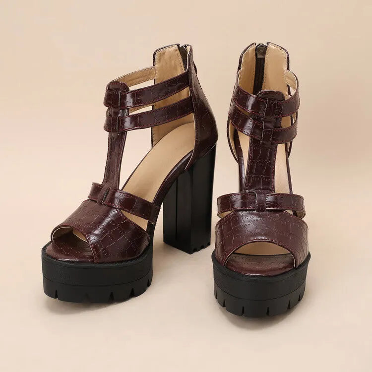 Round toe platform high heel sandals in black, wine red, and yellow with a back zipper.