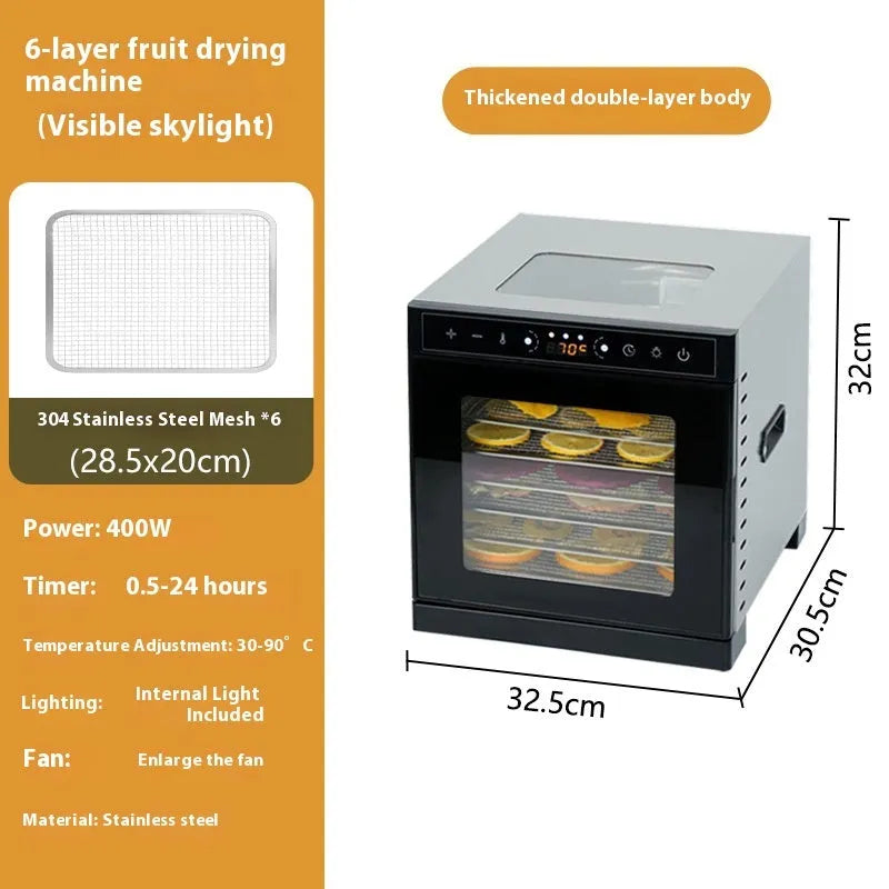 Stainless steel fruit dehydrator with LED control panel showing temperature settings and multiple drying trays