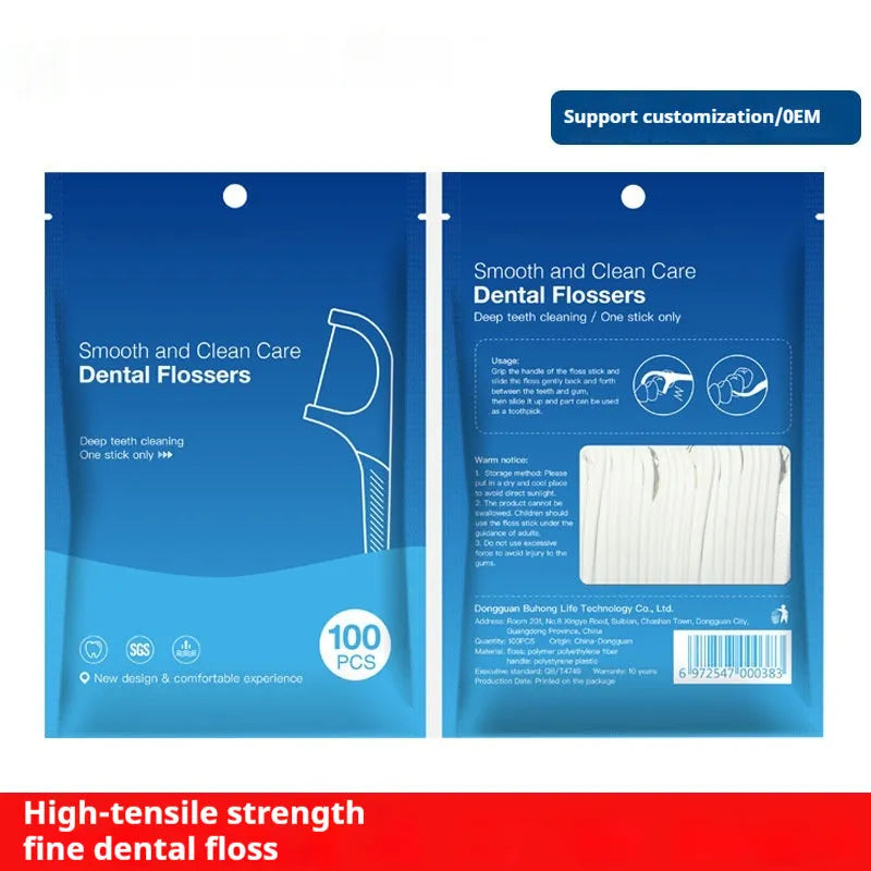 Disposable high tensile dental floss in plastic packaging with dimensions 180x238mm
