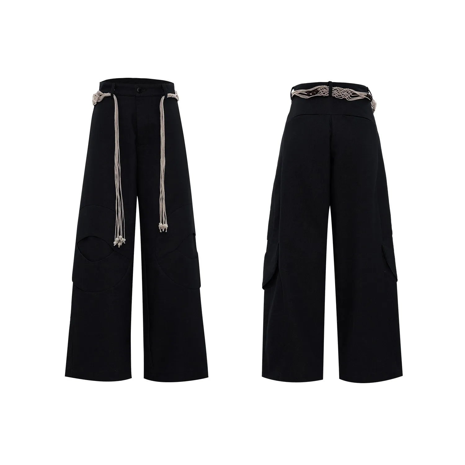 Men's dark blue straight-leg jeans with heavy 3D cutting, showing zipper decoration and tassel detail on a loose fit.