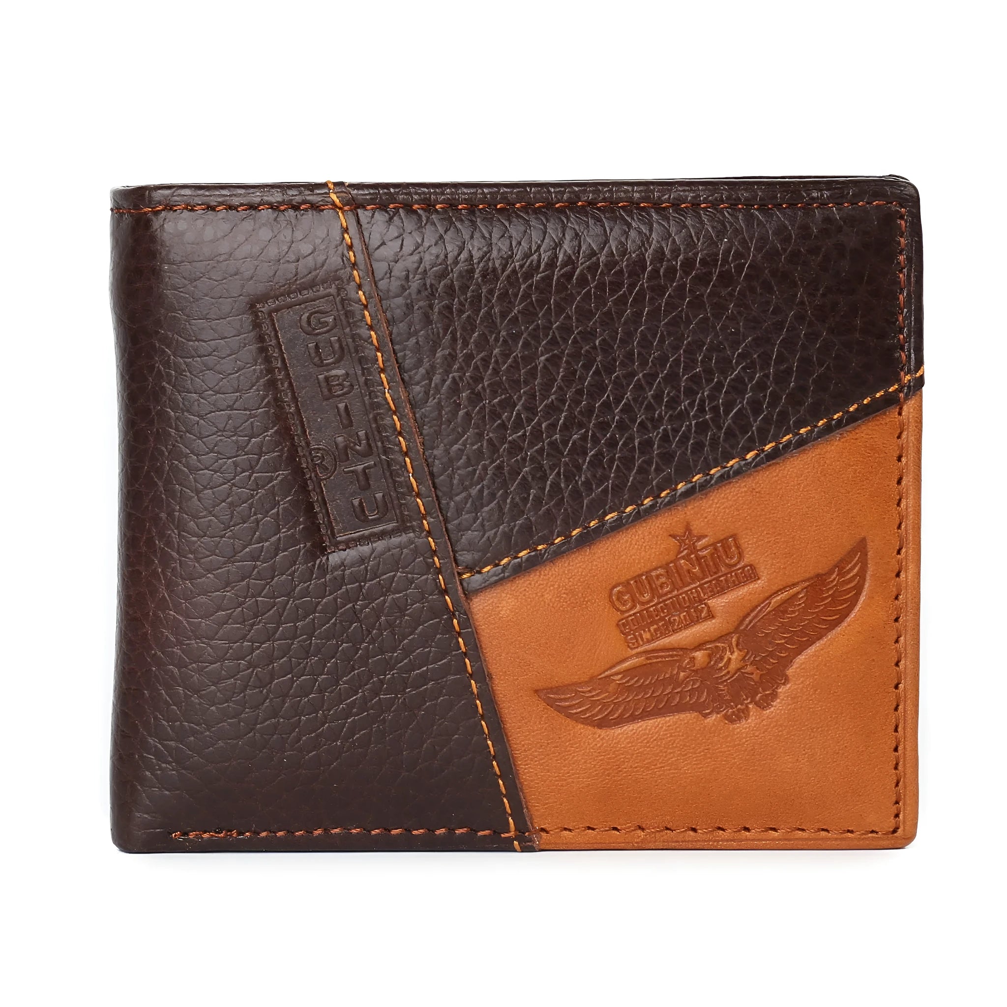 Leather wallet with personality stitching showing internal compartments including card slots, bill holder, and change section