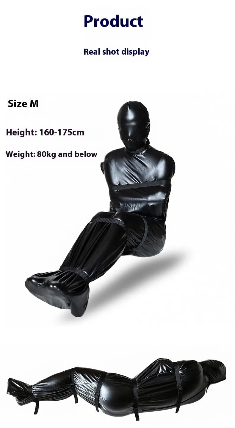 Black patent leather bondage set with body wrap garment and six ratchet tie-down straps