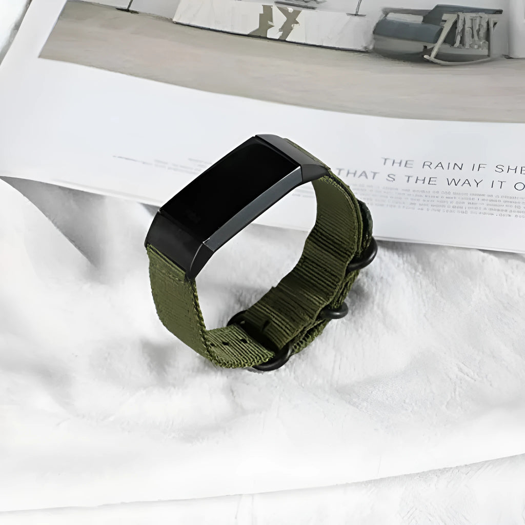Army Green nylon replacement strap with three-ring buckle for Fitbit Charge 3 and Charge 4 fitness trackers.