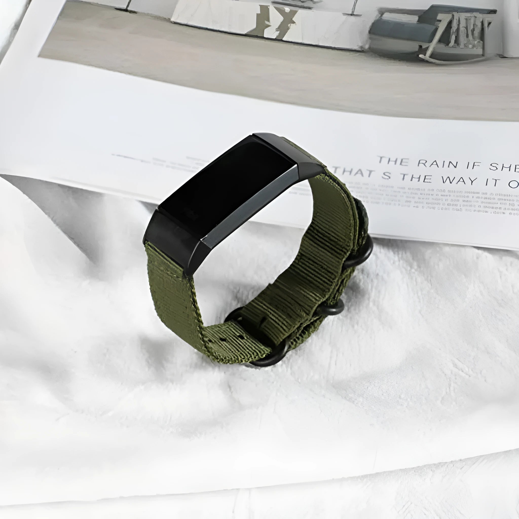 Army Green nylon replacement strap with three-ring buckle for Fitbit Charge 3 and Charge 4 fitness trackers.