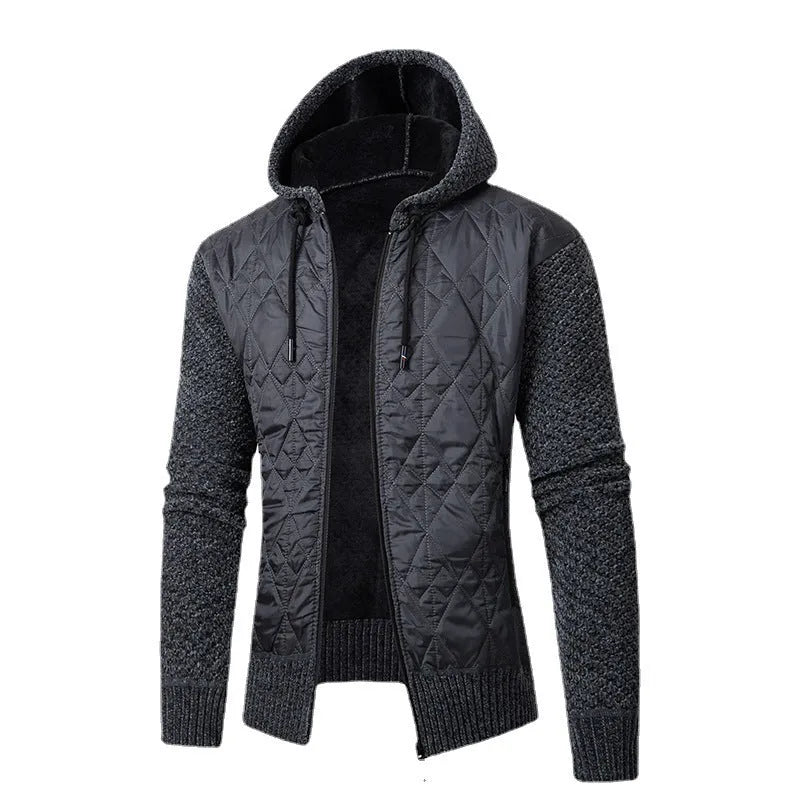 Men's grey hooded corduroy sweater coat with cinched waist and wool composition