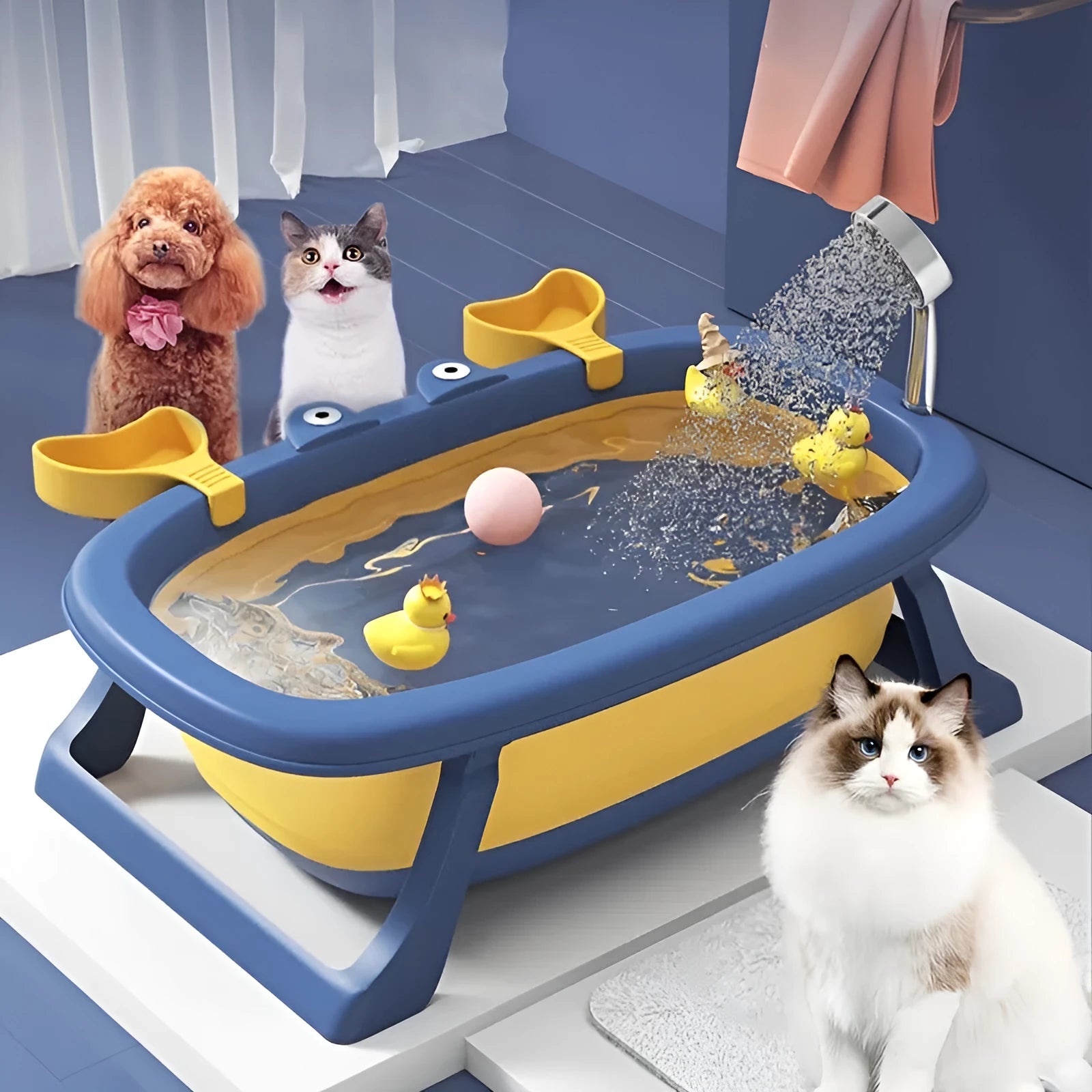 Portable foldable pet tub for washing small animals under 20 pounds in blue or orange colour