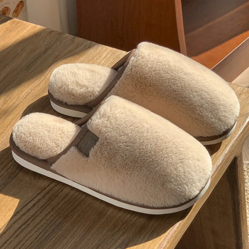 Solid colour winter plush house slippers with non-slip PVC sole in blue, brown, coffee, pink, or white