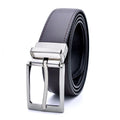 Men's brown and black genuine leather casual belt with rotating pin buckle showing length sizing options