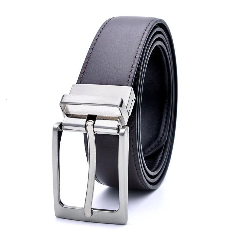 Men's brown and black genuine leather casual belt with rotating pin buckle showing length sizing options