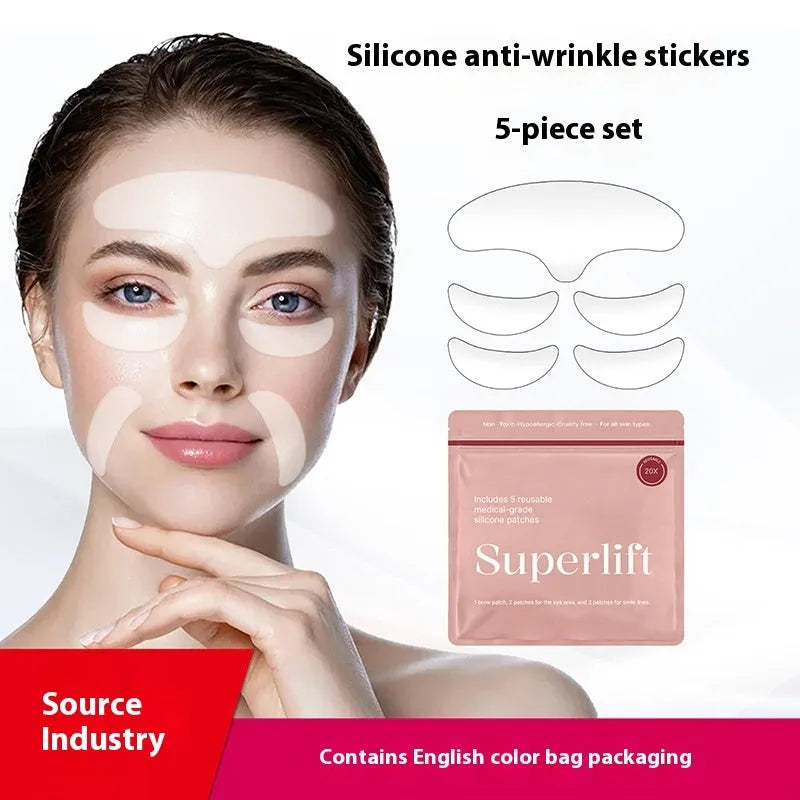 Five clear silicone anti-wrinkle face patches for forehead and eye area on white background