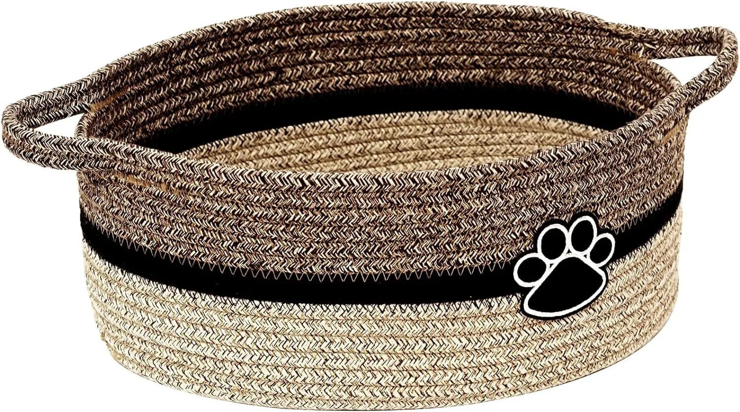 Handmade light beige woven cotton rope storage basket with a wooden handle.