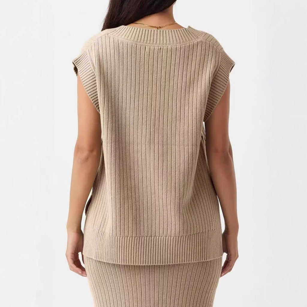 V-neck sleeveless pullover vest in camel viscose fibre with loose fit and fold detailing