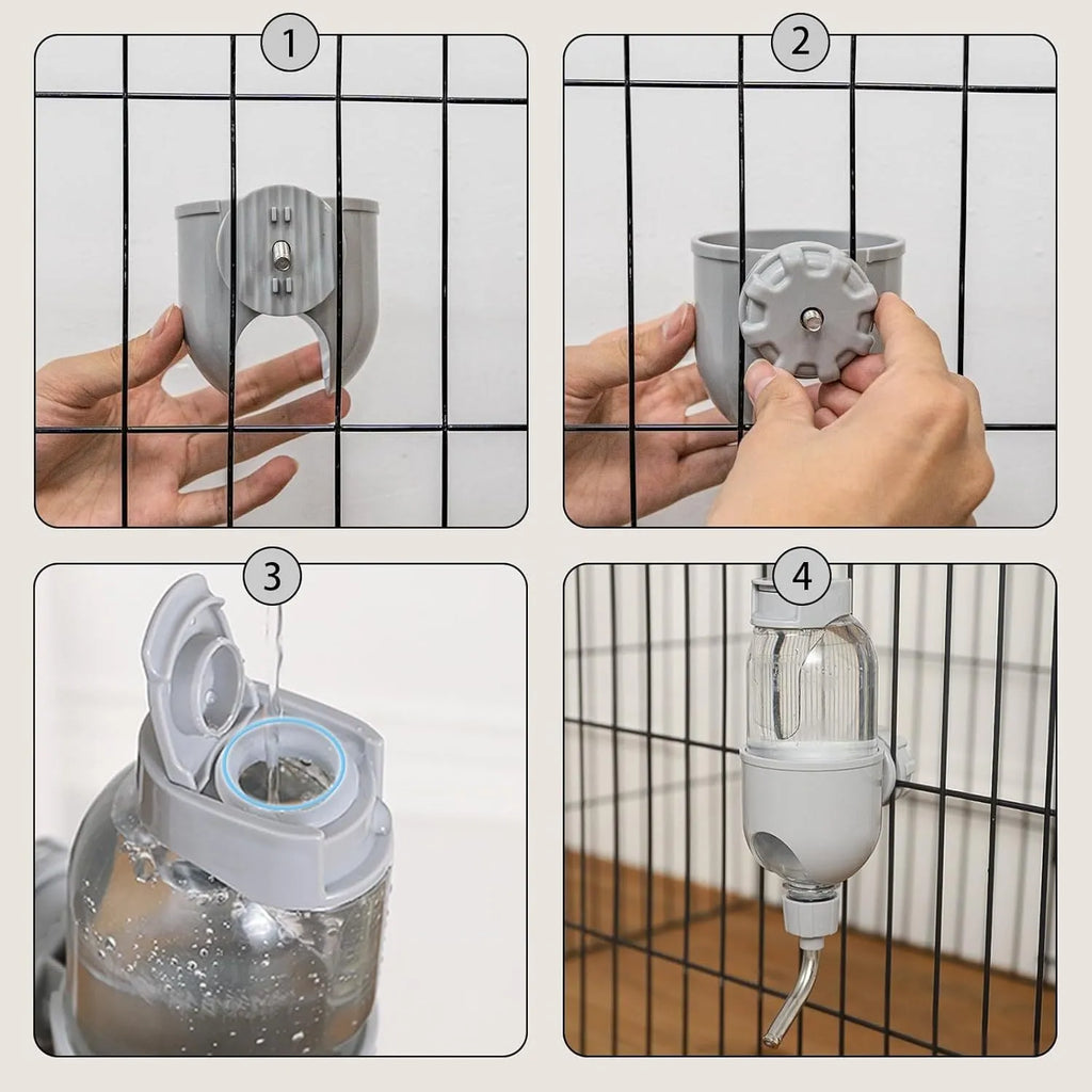 Blue small animal cage water bottle with rotatable nozzle mounted on metal bars