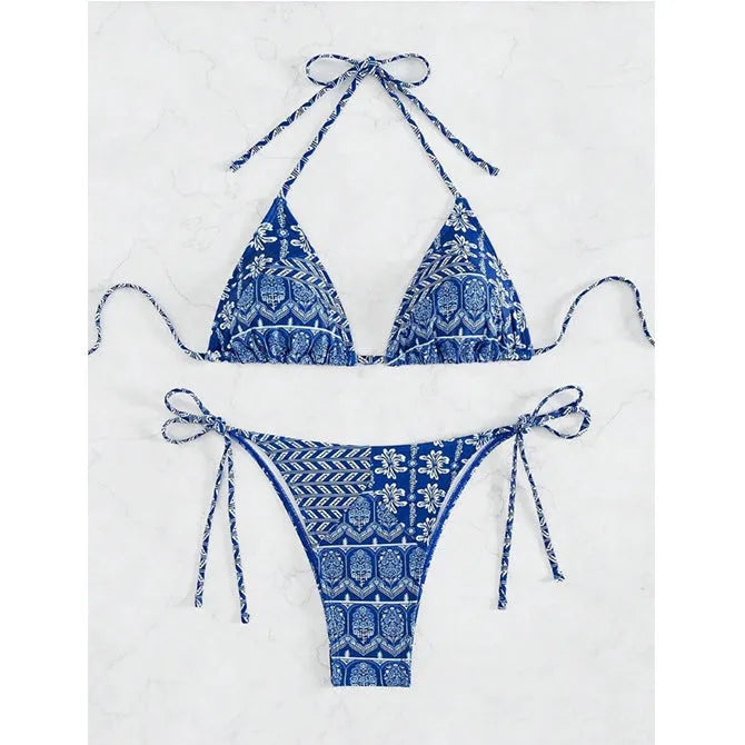 Women's split bandage bikini swimsuit with printed stitching details in various colours