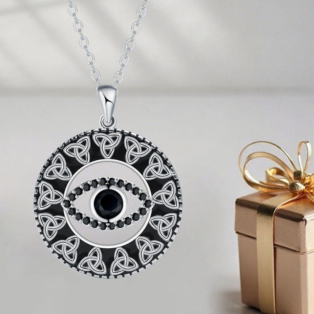Devil's Eye necklace for women with copper pendant and cross chain in electroplated silver-tone finish