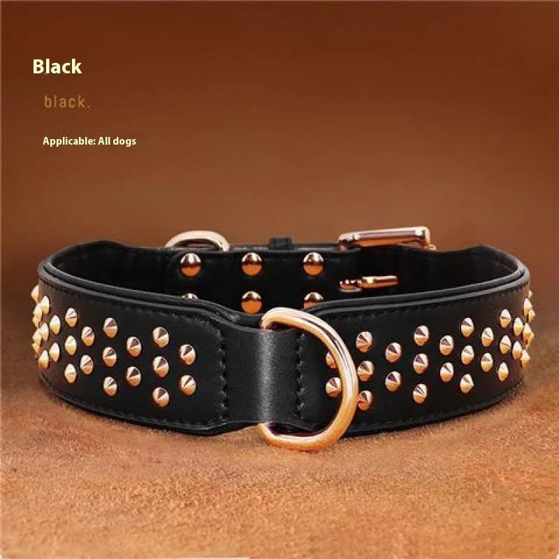 Leather dog collar with flat metal rivets in black, chocolate or pink for bite protection