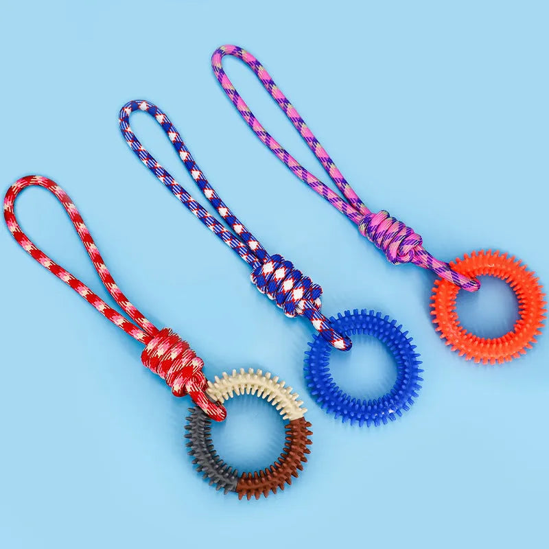 Braided rope dog tug toy measuring 43 cm long in blue colour with knotted design