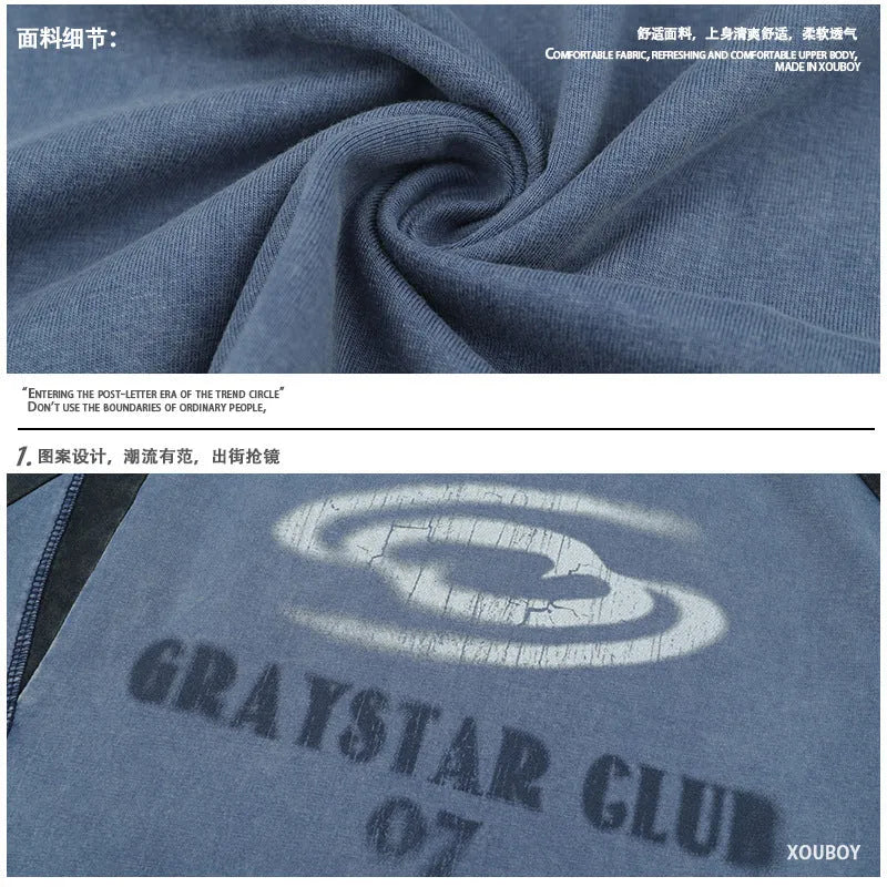 Men's blue hip hop letter print cotton t-shirt with raglan sleeves