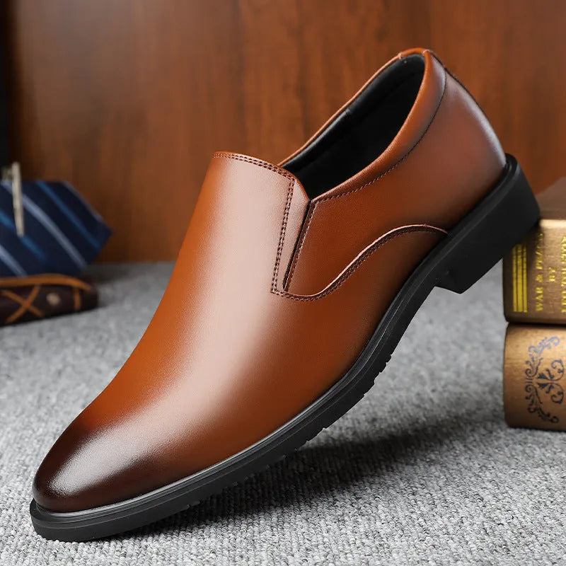 Men's black leather slip-on business casual shoes with rubber sole and low top design