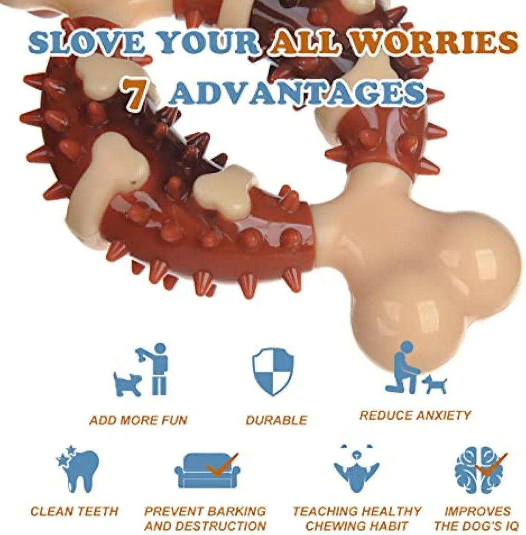 Bone-shaped natural rubber dog molar chew toy for teeth cleaning and anxiety relief in two sizes.