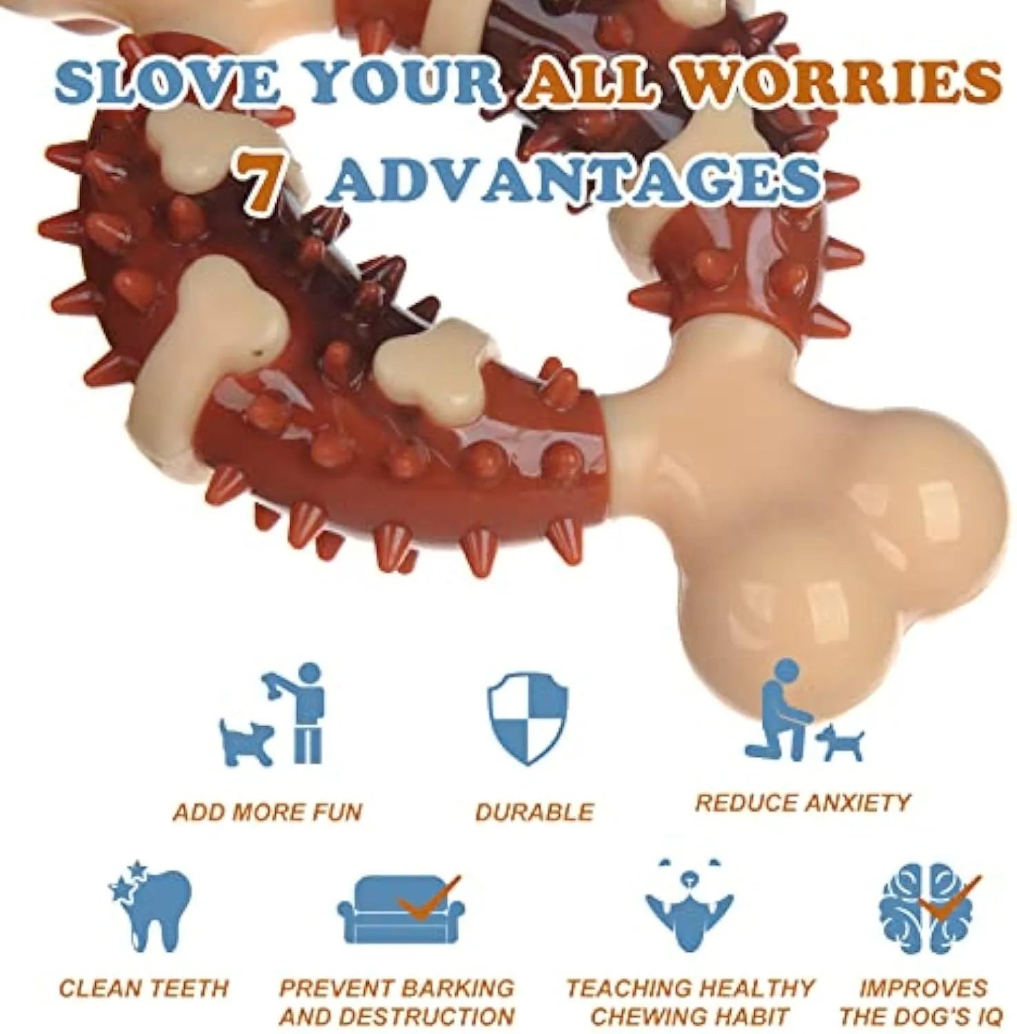 Bone-shaped natural rubber dog molar chew toy for teeth cleaning and anxiety relief in two sizes.