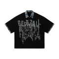 Men's loose fit cotton top with asymmetrical graffiti print in residual blue colour