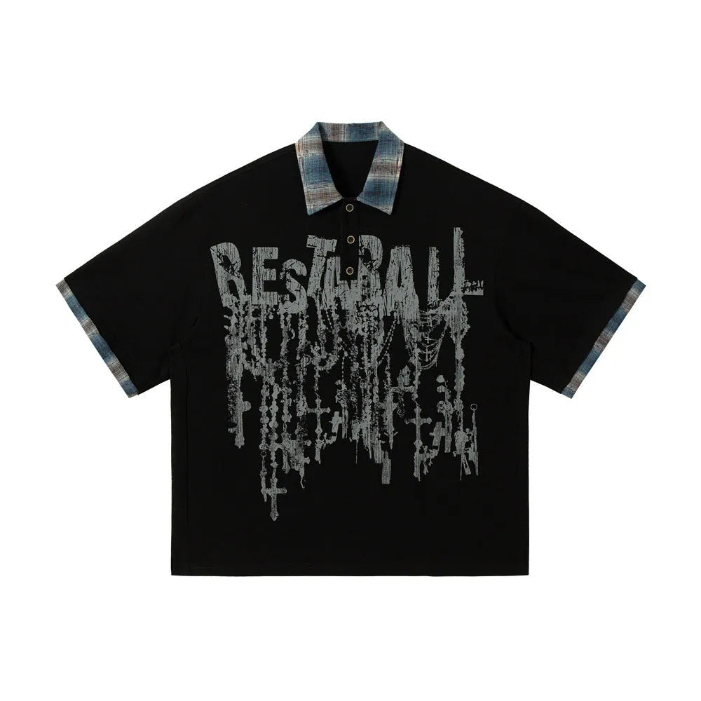 Men's loose fit cotton top with asymmetrical graffiti print in residual blue colour
