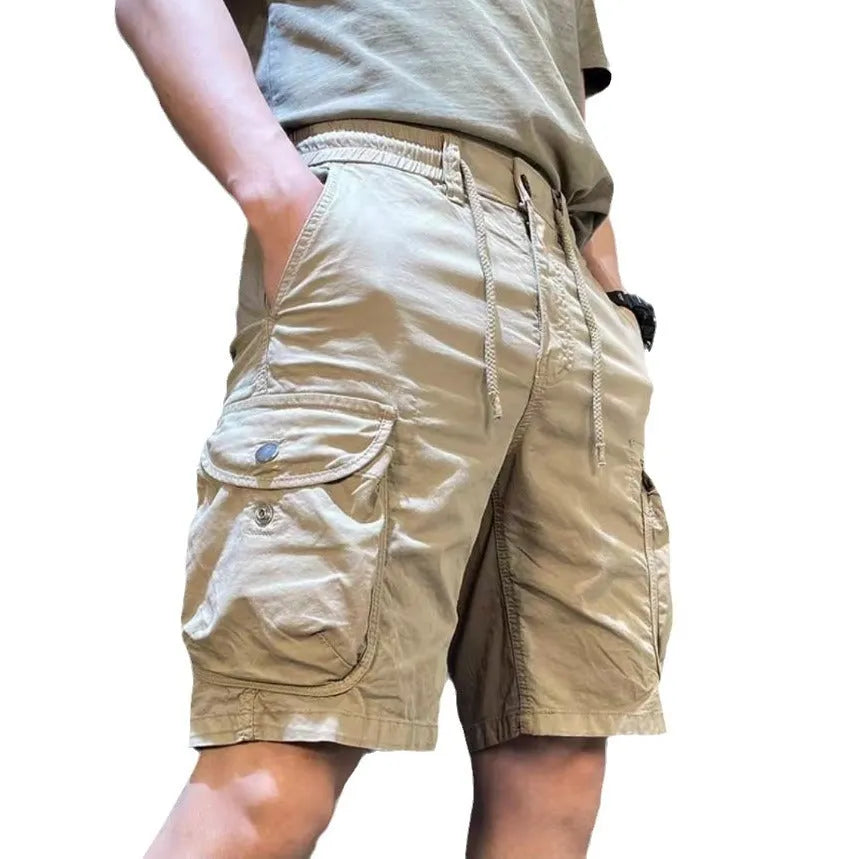 Korean style loose straight overalls pants with multiple pockets in micro-elastic polyester fabric.