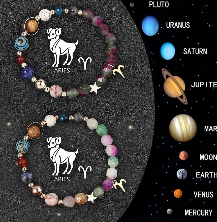 Natural stone beaded zodiac bracelets showing twelve astrological sign designs on elastic cord