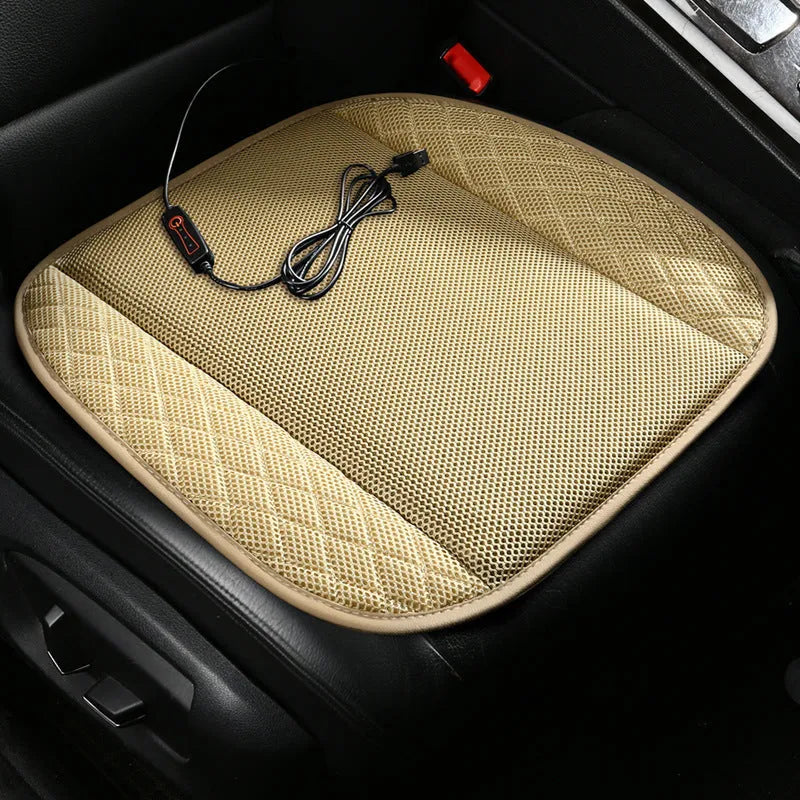Ventilated car seat cushion with USB connection showing fan vents and suede material in black colour