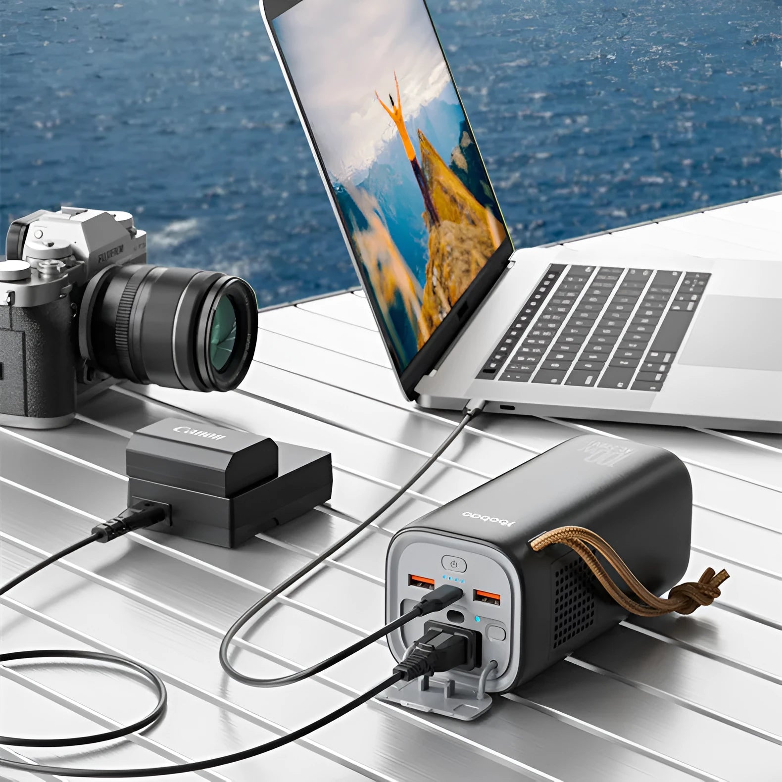 Black portable power bank with 20000mAh capacity and 220V output for outdoor use