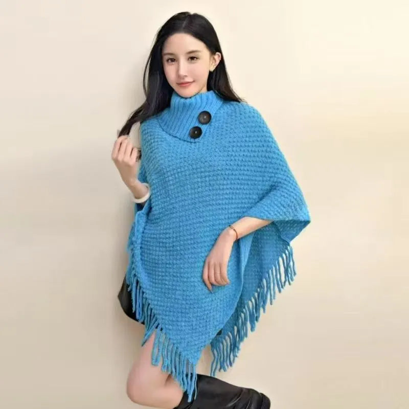 Women's triangle shawl cape in cashmere-acrylic blend with tassel detailing and plush texture