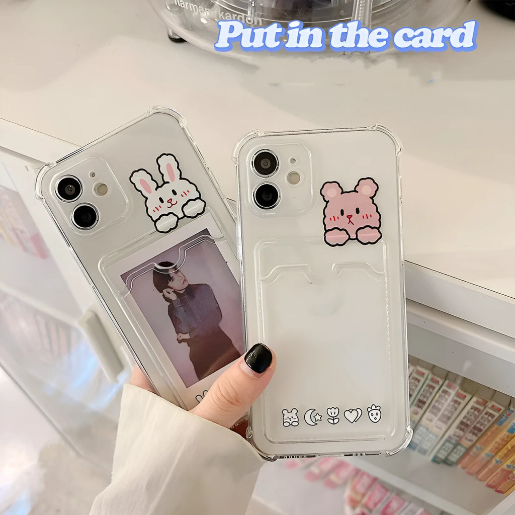Cartoon design transparent TPU iPhone case with built-in card holder slot on the back.