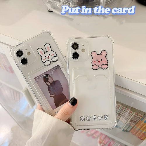 Cartoon design transparent TPU iPhone case with built-in card holder slot on the back.