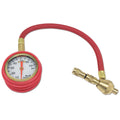 Mechanical off-road vehicle tyre pressure gauge with metal body and rubber shell, showing pressure dial.