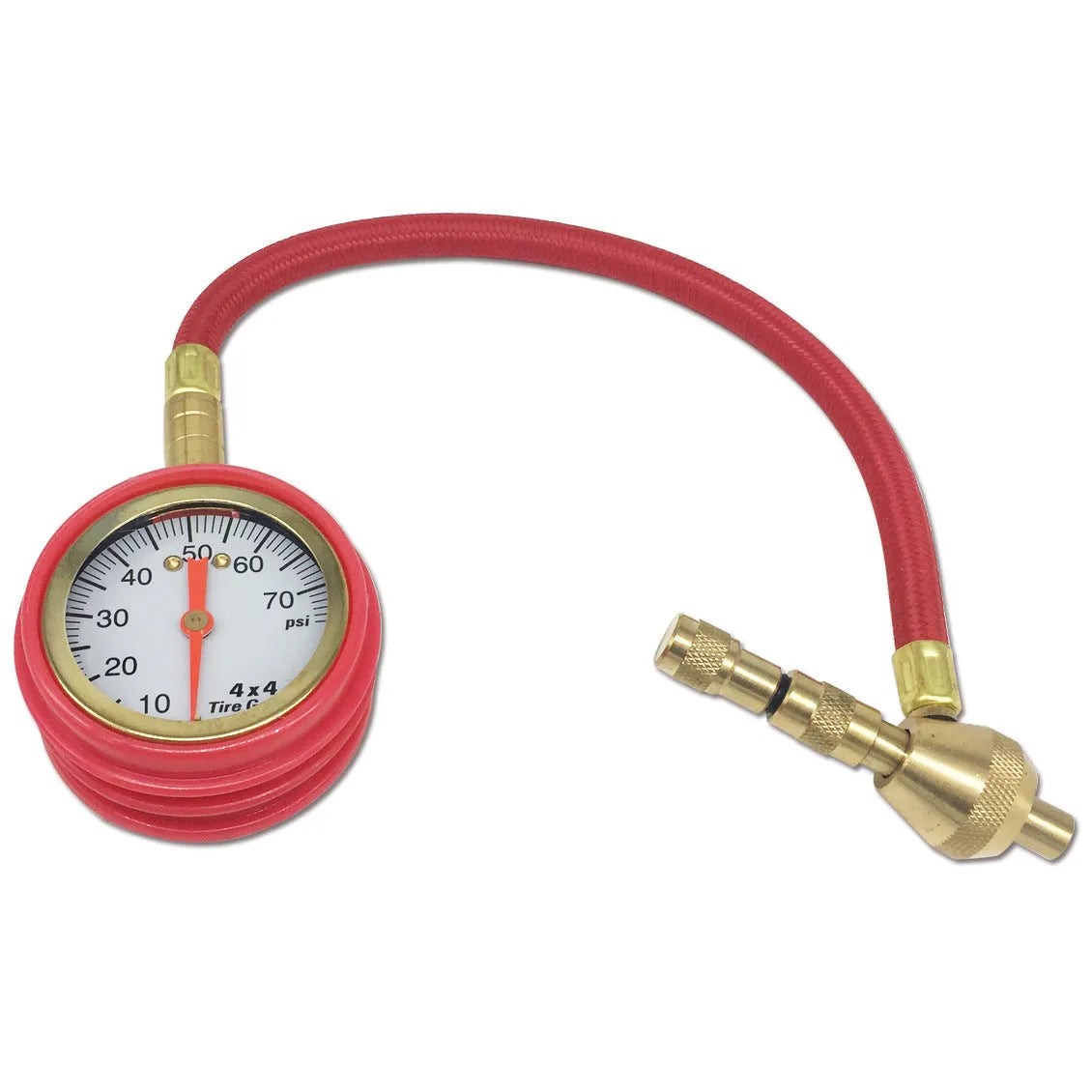 Mechanical off-road vehicle tyre pressure gauge with metal body and rubber shell, showing pressure dial.