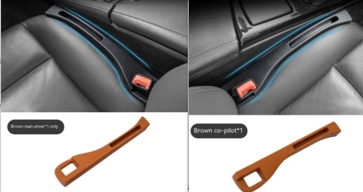 Black car gap storage box with handle positioned between car seats
