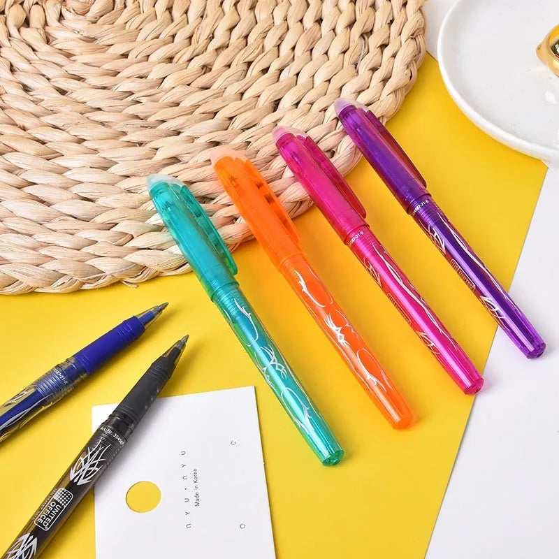 Heat-erasable gel pen set with plastic barrels and stainless steel nibs in multiple colours