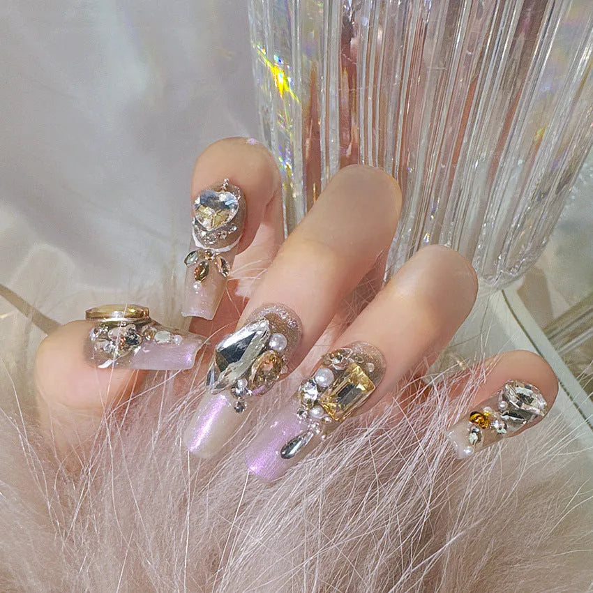 Rhinestone-decorated press-on false nails displayed on card paper packaging with size S classification