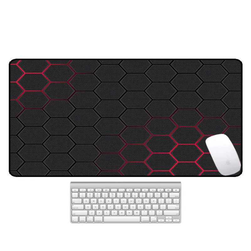 Large rectangular desk pad with printed pattern, natural rubber non-slip base, for computer mouse and keyboard.